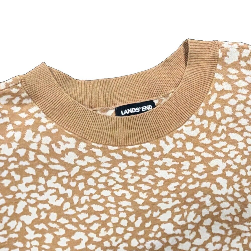 Lands' End Women's L Petite 100% Cotton Tan Leopard Print Crewneck Sweater